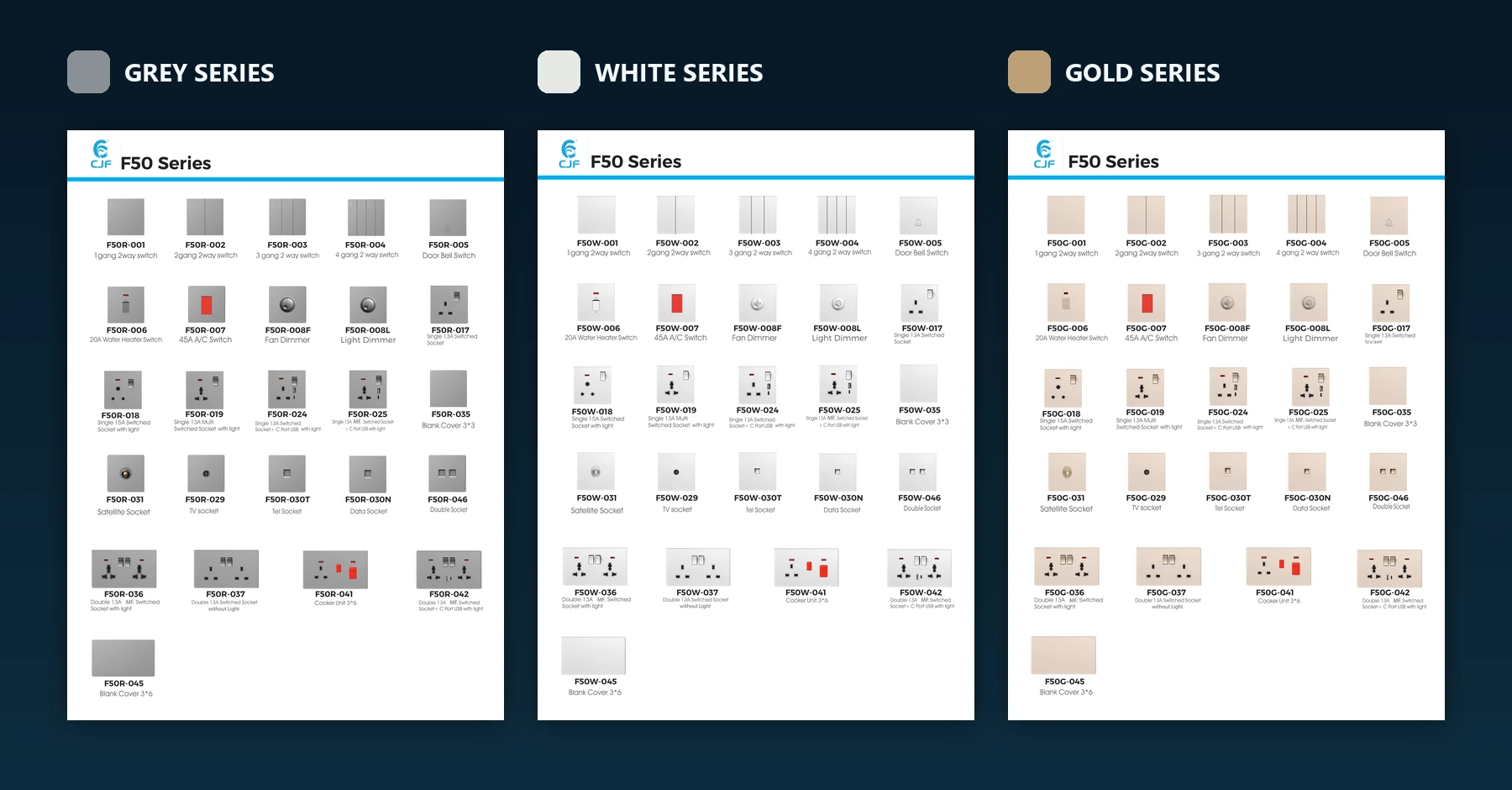 CJF F50 grey, white and gold switch and socket catalogue ranges